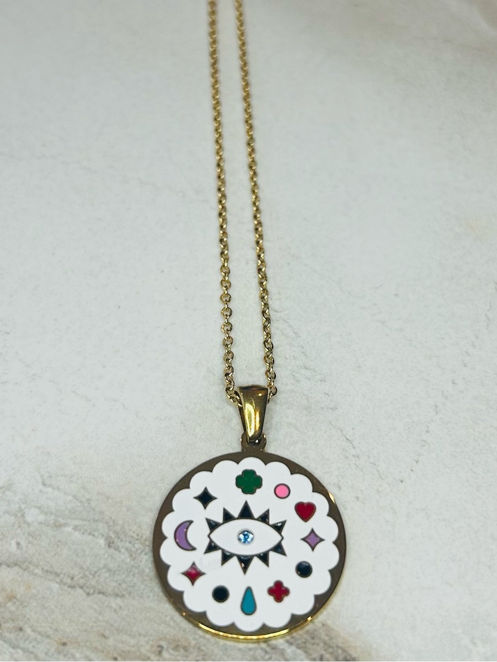 Adornia Gold Toned White Enamel Evil Eye Pendant Necklace with Multicolor Accent